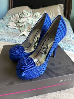 naughty monkey Cobalt Blue Satin Peep-Toe Heels with Rosette